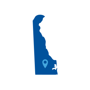 Graphic of state of Delaware with a pin on Sussex County