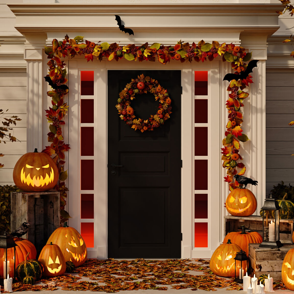 halloween decorated house with pumpkins. 3d rendering